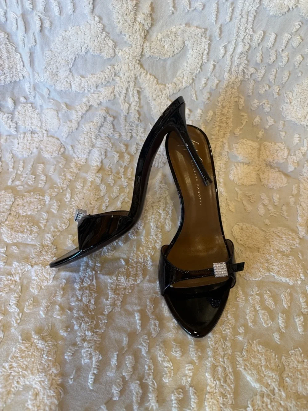 Giuseppe Zanotti Black Patent High Heel Mules with Crystal Accent #595
